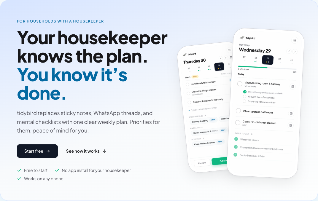 Tidybird weekly household plan shown in admin and housekeeper views