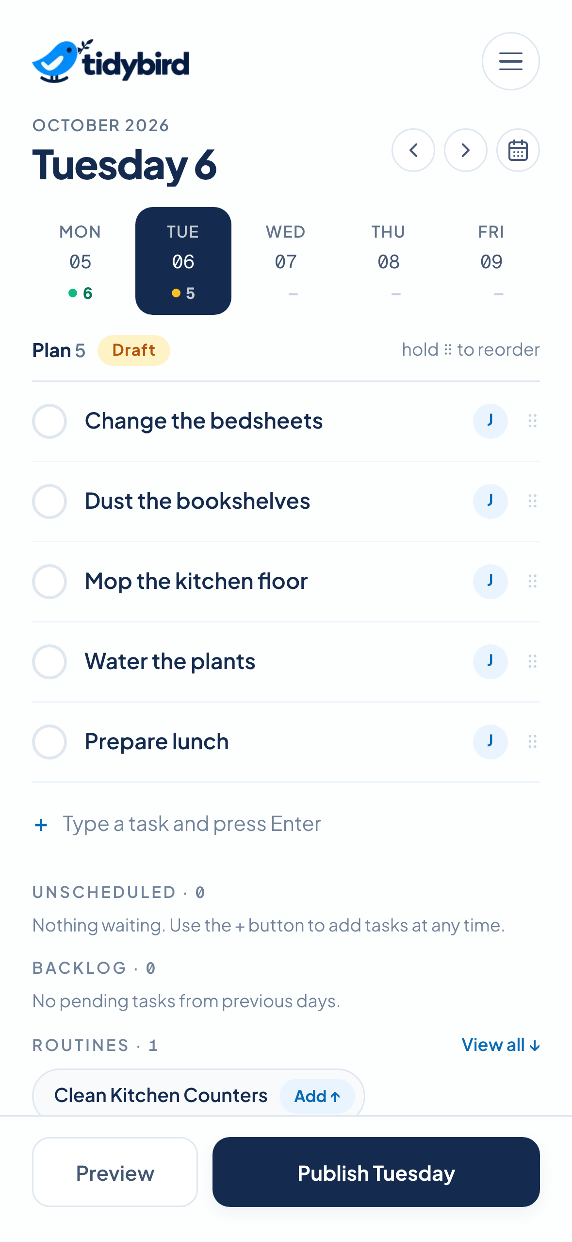 Tidybird weekly planner with scheduled tasks and recurring routines