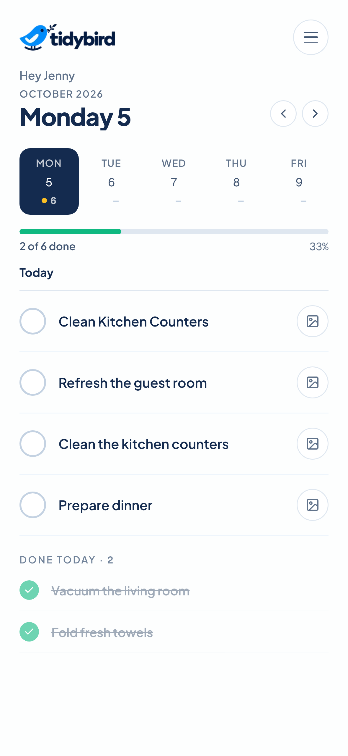Housekeeper’s daily task list with live progress and completed tasks